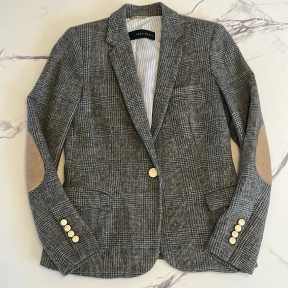 Zara plaid blazer with elbow patches